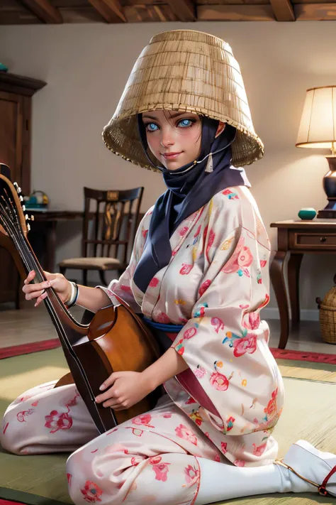 orin, blue eyes, glowing eyes,basket over head,kimono, long sleeves, floral print, chin strap, looking at viewer, serious, smiling, sitting, wariza, inside cozy living room, holding lute, soft lighting, high quality, masterpiece, <lora:Orin:.7>