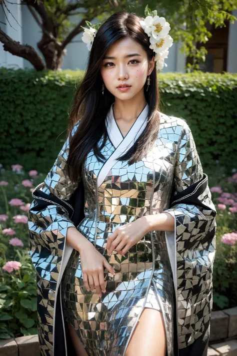 (realistic:1.3), finely detailed, quality, rembrandt lighting, (masterpiece:1.2), (photorealistic:1.2), (best quality), (detailed skin:1.3), (intricate details), dramatic, ray tracing, 1girl, japanese girl, 21 years old, detailed skin texture, (blush:0.5), (goosebumps:0.5), subsurface scattering, smiling, medium breasts, updo hair, bangs, hair between eyes, hair ornament, m1rr0r_dr3ss, kimono, japanese clothes, dress made of broken pieces of metal, cowboy shot, (bright sunny day, garden, flowers, bushes, sky), <lora:m1rr0r_dr3ss:0.8>
