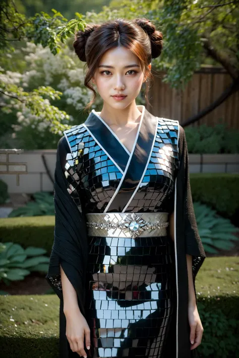 (realistic:1.3), finely detailed, quality, rembrandt lighting, (masterpiece:1.2), (photorealistic:1.2), (best quality), (detailed skin:1.3), (intricate details), dramatic, ray tracing, 1girl, japanese girl, 21 years old, detailed skin texture, (blush:0.5), (goosebumps:0.5), subsurface scattering, smiling, medium breasts, updo hair, bangs, hair between eyes, hair ornament, m1rr0r_dr3ss, kimono, japanese clothes, dress made of broken pieces of metal, cowboy shot, (bright sunny day, garden, flowers, bushes, sky), <lora:m1rr0r_dr3ss:0.8>