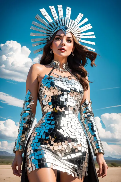 1girl, solo, adult mature woman, high quality, best quality, highres, high detail, shadows above,wide angle shot, <lora:m1rr0r_dr3ss:0.7> m1rr0r_dr3ss, dress made of broken pieces of metal, headdress