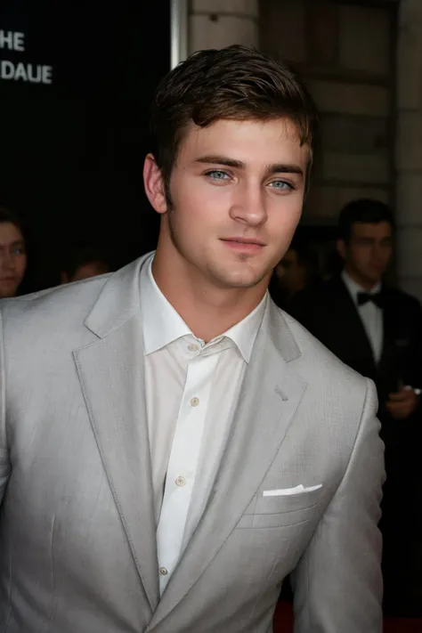 RAW Photo, fm_shay, man posing on a red carpet celebrating the release of a new film in a fashionable suit and tie, stubble, paparazzi, <lora:fm_shay-10:1>, 8k uhd, dslr, soft lighting, high quality, film grain, Fujifilm XT3