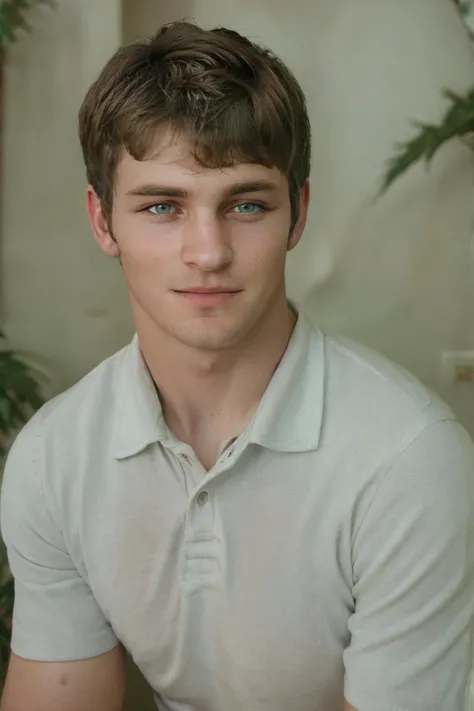 RAW Photo, closeup face portrait photo of man fm_shay wearing green and white (striped) polo shirt smirking <lora:fm_shay-10:1>, 8k uhd, dslr, soft lighting, high quality, film grain, Fujifilm XT3