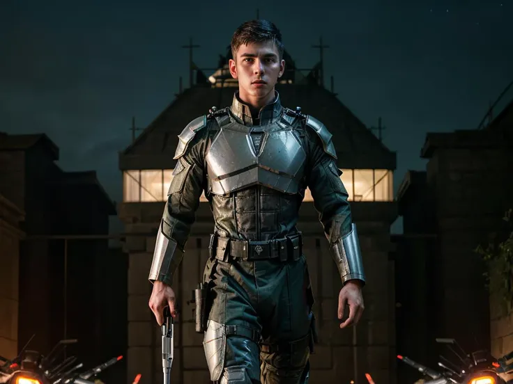 Action movement dynamic pose,Photograph,22yo slim angry Man fm_shay wearing futuristic mage uniform,(Soldiers patrolling the kingdom.),blood splatter,bokeh,cinematic hd 8k highly detailed,trending artstation,at night,colorful,((full sharp, highly detailed skin)),<lora:fm_shay:0.8>,