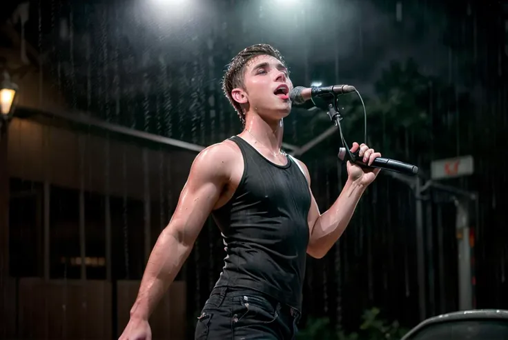 Movie,22yo Man fm_shay singing in a musical,torrential downpour rain,(tank top,black shorts),open mouth,bokeh,cinematic hd 8k highly detailed,at night,colorful,((full sharp, highly detailed skin)),<lora:fm_shay:0.8>,photorealistic,accurate,life-like,muscular,