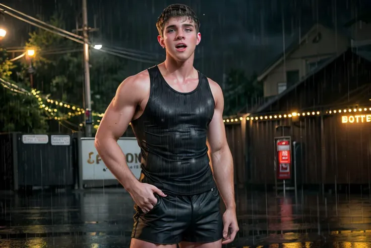 Movie,22yo Man fm_shay singing in a musical,torrential downpour rain,(tank top,black shorts),open mouth,bokeh,cinematic hd 8k highly detailed,at night,colorful,((full sharp, highly detailed skin)),<lora:fm_shay:0.8>,photorealistic,accurate,life-like,muscular,