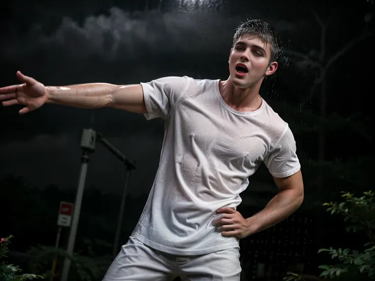 Movie,22yo slim Man fm_shay singing in a musical,torrential downpour rain,rabbit costume,white t-shirt,arms raised in song,seen from above,open mouth,bokeh,cinematic hd 8k highly detailed,at night,colorful,((full sharp, highly detailed skin)),<lora:fm_shay:0.8>,