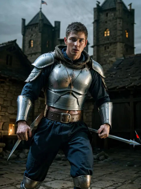 Action movement dynamic pose,Photograph,22yo slim angry Man fm_shay wearing futuristic mage uniform,(Medieval archers defending the village.),blood splatter,bokeh,cinematic hd 8k highly detailed,trending artstation,at night,colorful,((full sharp, highly detailed skin)),<lora:fm_shay:0.8>,