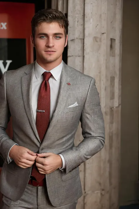 RAW Photo, fm_shay, man posing on a red carpet celebrating the release of a new film in a fashionable suit and tie, stubble, paparazzi, <lora:fm_shay-10:1>, 8k uhd, dslr, soft lighting, high quality, film grain, Fujifilm XT3