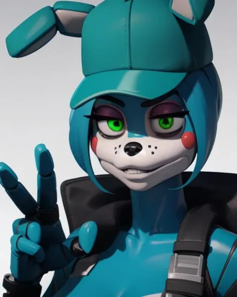 <lora:bonnie_v1:0.67>, bonnie_fnaf, 1girl, solo, blue skin, green eyes,
(military outfit:1.1), gun, smile,
forest, trees, bushes