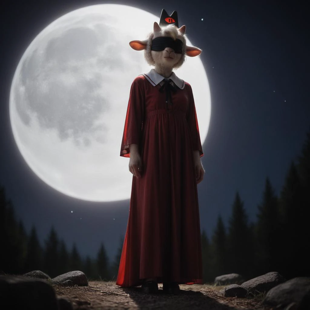 score_9, score_8_up, score_7_up, score_6_up, score_5_up, score_4_up, (anthro, Lamb from Cult of the Lamb), red dress, sexy, tall, happy, slender body, bimbo, full body image, (dynamic angle), (blindfold), hypnosis, realistic, small breasts, moon, night, cartoon style, dramatic lighting, sinister atmosphere, magic, furry female, tongue out, (night, dslr, cinematic, score_8_up:1.5),