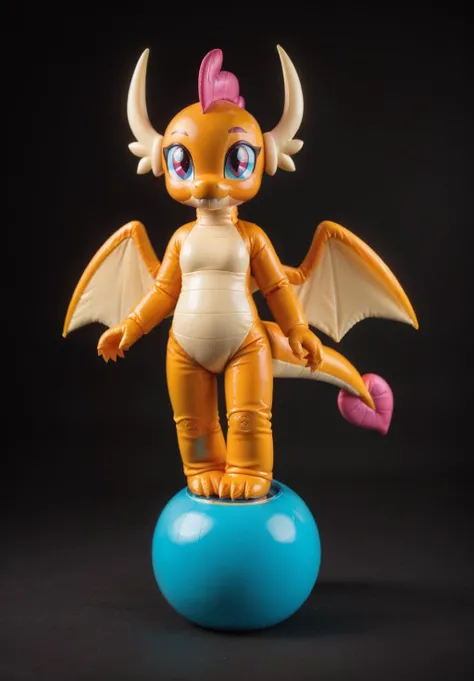 score_9, score_8_up, score_7_up, score_6_up, score_5_up, score_4_up, real life distance shot photograph, inflatable sexy tall Smolder balloon toy with medium breasts, hypnosis, my little pony, glistening wide open glowing pink eyes lenses, dramatic lighting, carefree playful expression, ultra-glossy, glowing pink eyes quadruped, full body