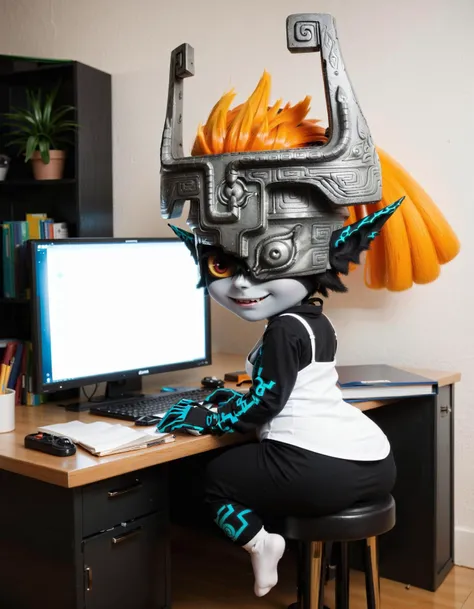 (dslr, cinematic, score_8_up:1.5), ((Midna)), orange_hair, dark and grey skin, mask, shortstack, solo, sitting behind desk, office, business attire, keyboard, monitor, turning, looking_back, open_blouse, cleavage,