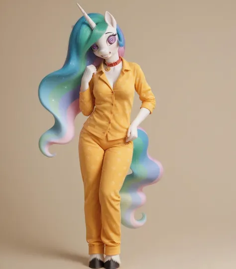 score_9, score_8_up, score_7_up, score_6_up, score_5_up, score_4_up, solo, Princess Celestia, my little pony, female, blushing, busty, antro,, anthro, pajamas, ((spiral eyes)), (hypnotized:1.2), (full body:1.2), hand up, tense body, (smiles through clenched teeth:1.2), hooves, collar, (film studio:1,2), sexy, (adult), (small butt:1.2), (skinny:1.2)