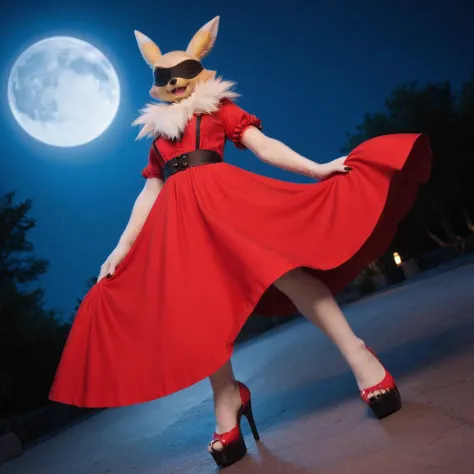 score_9, score_8_up, score_7_up, score_6_up, score_5_up, score_4_up, renamon, vaporeon, (anthro, Cult of the Lamb style), red dress, sexy, tall, happy, slender body, bimbo, furry female, full body image, (dynamic angle), (blindfold), hypnosis, realistic, small breasts, moon, night, cartoon style, low angle view, sinister atmosphere,