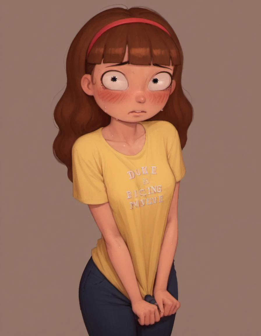 <lora:Morticia:1> morticiasmith, brown hair, 1girl, hairband, shy, blush, lifting shirt, shirt lift, breasts, looking at viewer, small breasts, girly bedroom, night, cute, sweat, zPDXL BREAK , score_9, score_8_up, score_7_up