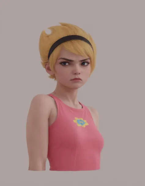 <lora:Mandy_PonyXL:1> mandygrim, 1girl, blonde hair, hairband, shaped hair, short hair, pointy hair, pink dress, annoyed, zPDXL BREAK , score_9, score_8_up, score_7_up