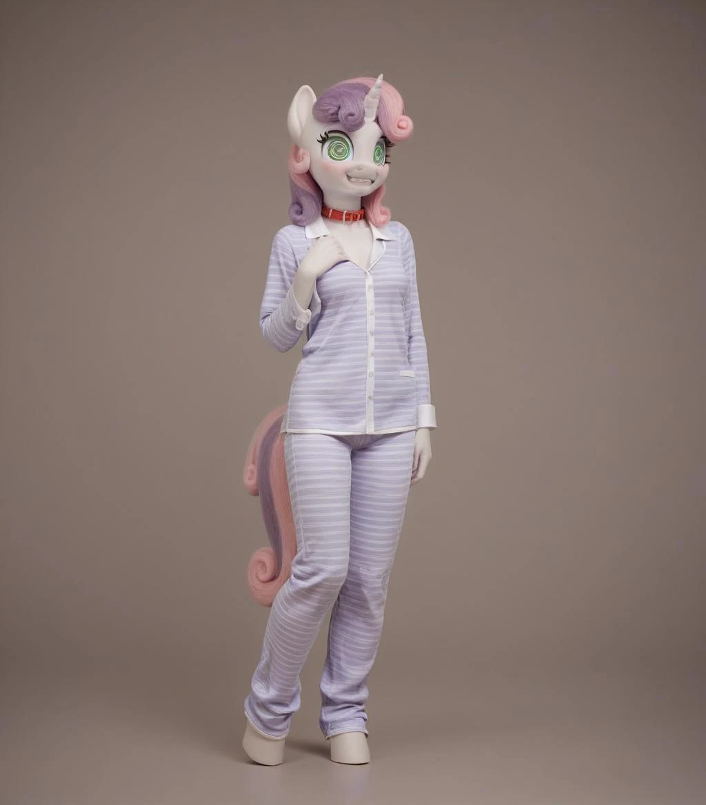 score_9, score_8_up, score_7_up, score_6_up, score_5_up, score_4_up, solo, Sweetie Belle, my little pony, female, blushing, busty, antro,, anthro, pajamas, ((spiral eyes)), (hypnotized:1.2), (full body:1.2), hand up, tense body, (smiles through clenched teeth:1.5), hooves, collar, glossy skin, (film studio:1,2), video camera, video surveillance camera, sexy, (adult), (small butt:1.2), (skinny:1.2)