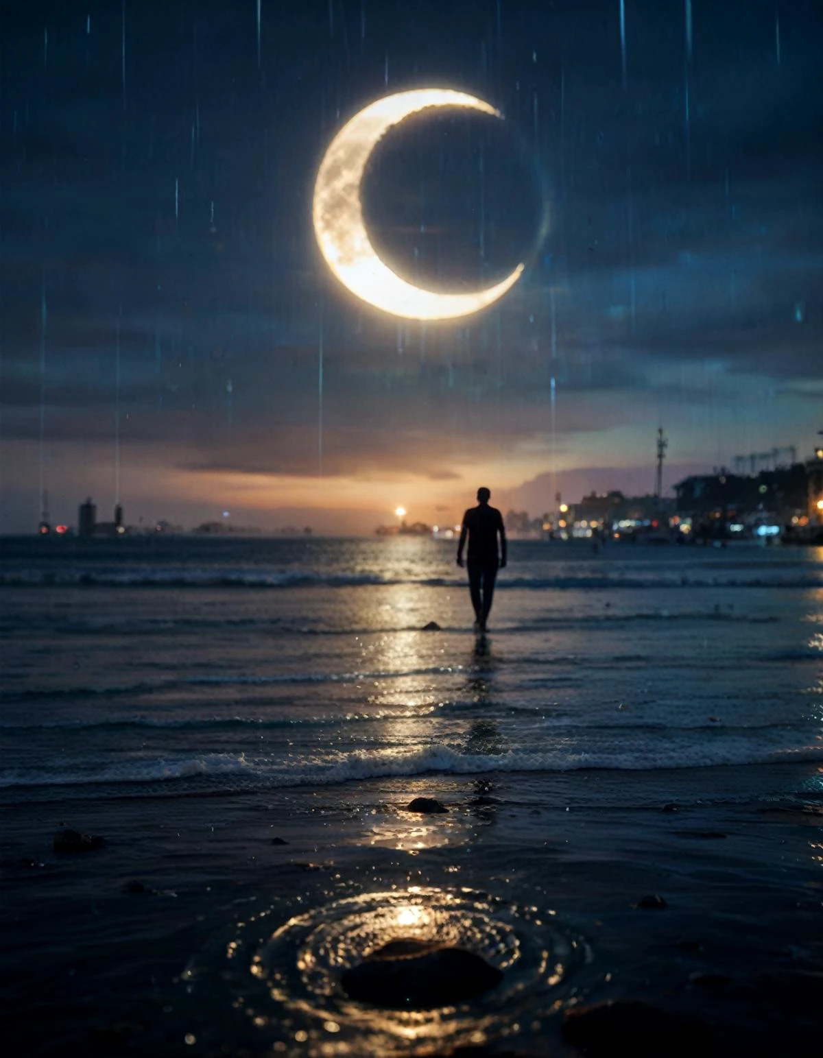 (real life, score_7_up, score_8_up, score_9_up, detailed beautiful landscape, bloom, volumetric lighting, <lora:Blue_Scene:0.78> bluescene, rain, wet, night, silhouette, ocean, crescent moon, depth of field,