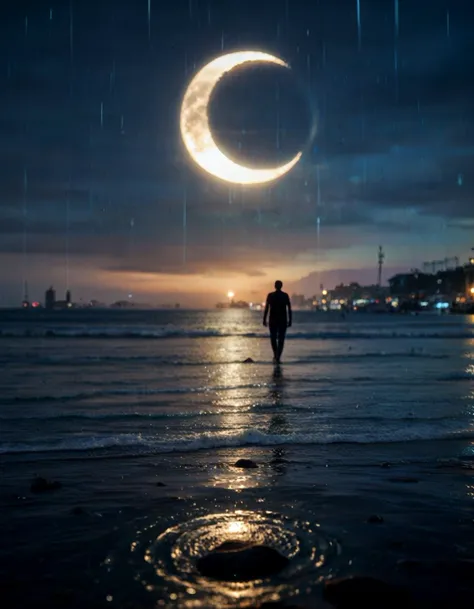 (real life,  score_7_up, score_8_up, score_9_up, detailed beautiful landscape, bloom, volumetric lighting,  <lora:Blue_Scene:0.78> bluescene, rain, wet, night, silhouette, ocean, crescent moon, depth of field,