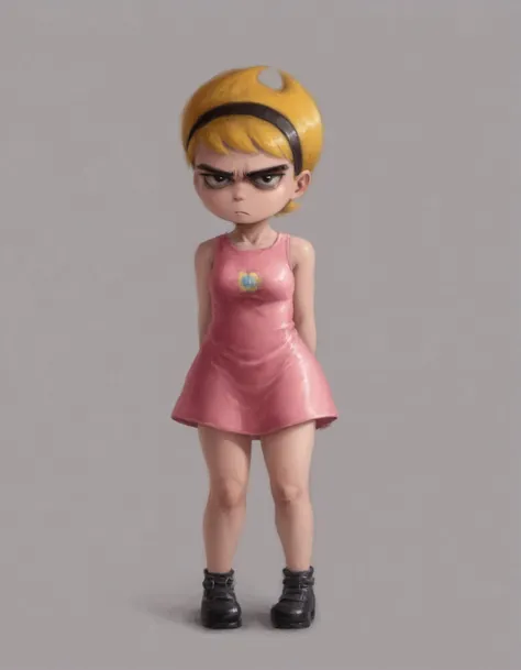 <lora:Mandy_PonyXL:1> mandygrim, 1girl, blonde hair, hairband, shaped hair, short hair, pointy hair, pink dress, annoyed, score_9