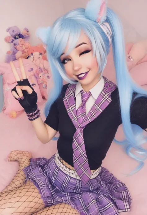 zPDXL, <lora:Belle_Delphine_for_PonyXL:1>, belle_delphine, 1girl, skirt, fishnets, solo, fishnet pantyhose, pantyhose, long hair, blue hair, twintails, purple skirt, looking at viewer, cosplay, gloves, necktie, plaid, shirt, animal ears, stuffed toy, v, one eye closed, fingerless gloves, black shirt, lipstick, makeup, plaid skirt, smile, <lora:pony_good_hands:1>, good_hands, better_hands