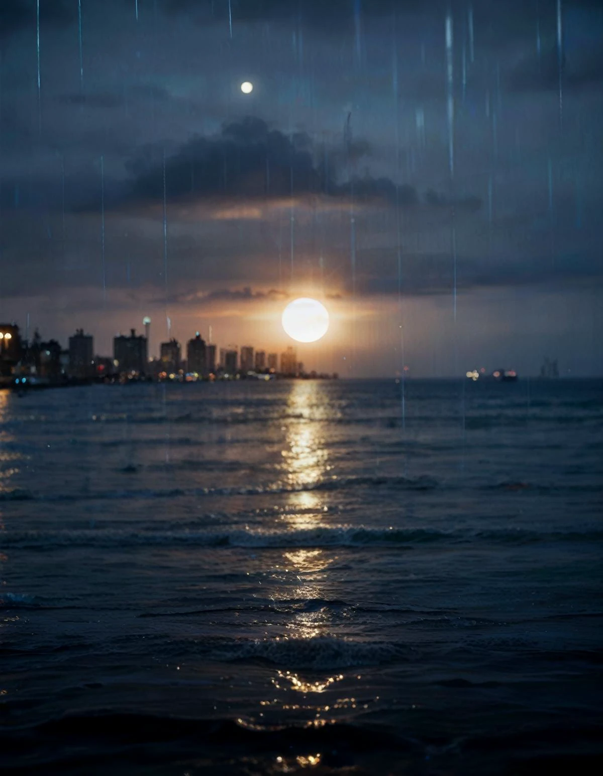 (real life, score_7_up, score_8_up, score_9_up, detailed beautiful landscape, bloom, volumetric lighting, <lora:Blue_Scene:0.78> bluescene, rain, wet, night, silhouette, ocean, crescent moon, depth of field,