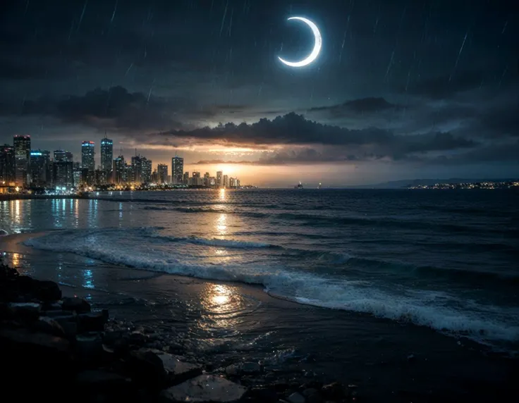 (real life, score_7_up, score_8_up, score_9_up, detailed beautiful urban city landscape, bloom, volumetric lighting, <lora:Blue_Scene:0.78> bluescene, rain, wet, night, silhouette, ocean, crescent moon, depth of field,