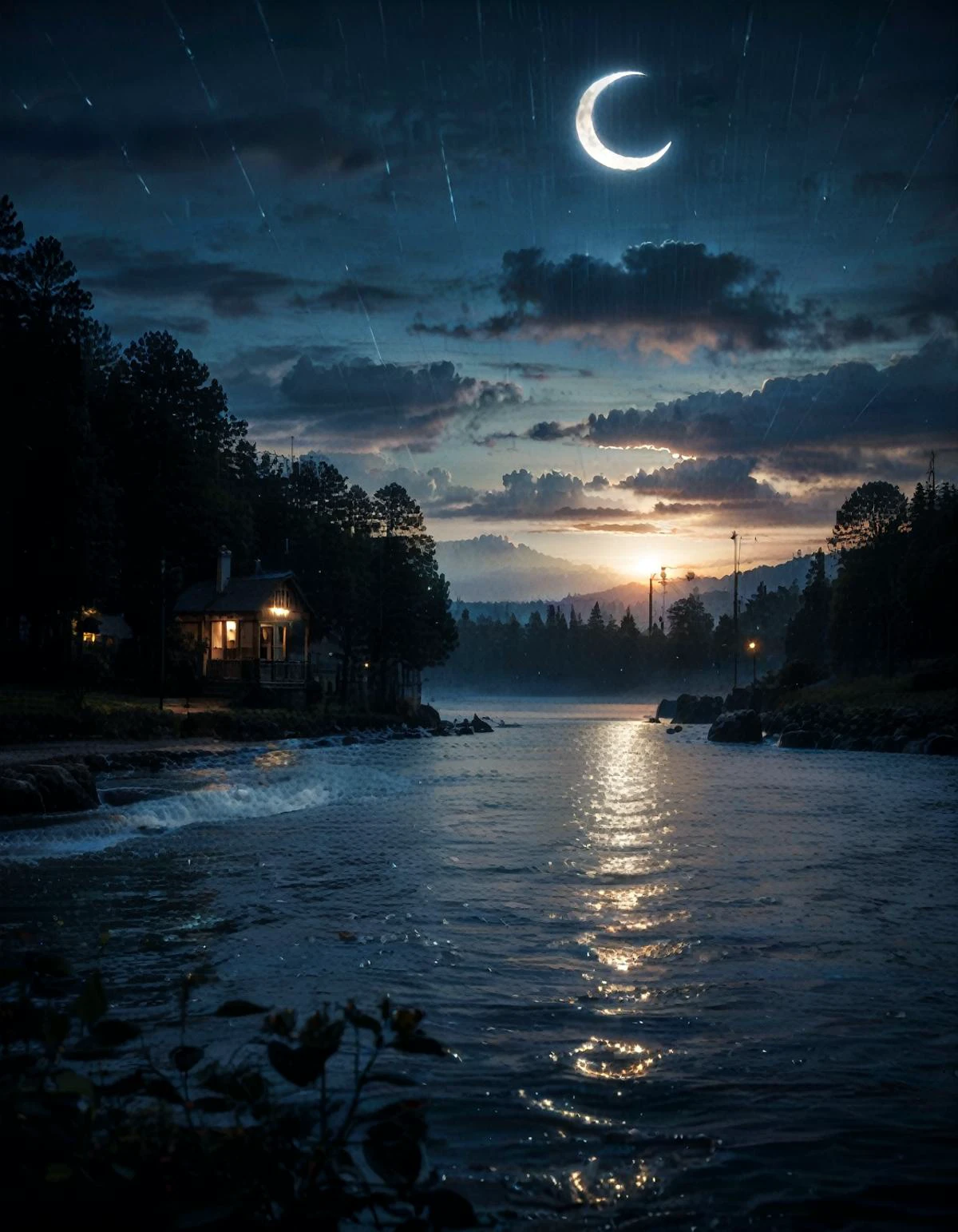 (real life, score_7_up, score_8_up, score_9_up, detailed beautiful landscape, bloom, volumetric lighting, <lora:Blue_Scene:0.78> bluescene, rain, wet, night, silhouette, river, crescent moon, depth of field,