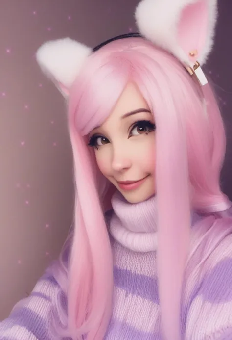 zPDXL, real, <lora:Belle_Delphine_for_PonyXL:1>, belle_delphine, 1girl, solo, animal ears, upper body, sweater, cropped sweater, smile, striped clothes, striped thighhighs, looking at viewer, pink hair, long hair, fake animal ears, brown eyes, cosplay, bright, realistic, <lora:pony_good_hands:1>, good_hands, better_hands