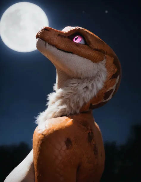 score_9, score_8_up, score_7_up, score_6_up, score_5_up, score_4_up, cinematic, real, dslr, romantic, furry, anthro snake girl, female, orange scales, white countershading, neck tuft neck fur, glowing pink eyes, looking up at the stars, cute, outside, night, full moon, side view