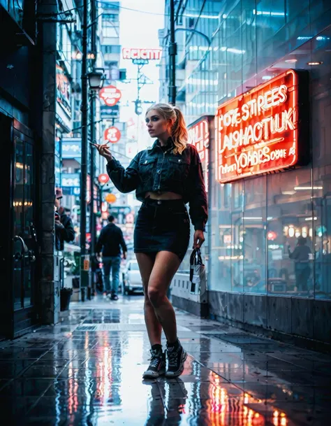 (real life, cinematic, 1girl, cute, gorgeous blonde white 18yo girl, ponytail, alluring face, sexy, makeup, (wide hips, big ass), pencil skirt), dynamic pose, score_7_up, score_8_up, score_9_up, detailed beautiful futuristic cityscape, bloom, rim lighting, <lora:Beautiful face_alpha1.0_rank4_noxattn_last:.78>, <lora:Neon_Scene:0.88> neonscene, reflection, glowing, neon light everywhere, neon lights, neon light streaks, darkness, noise offset, wet ground, light reflection, (neon sign text "NEON")