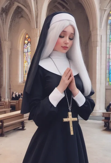 zPDXL, source_anime, <lora:Belle_Delphine_for_PonyXL:1>, belle_delphine, 1girl, nun's habit, solo, crucifix, eyes closed, nun outfit, realistic, nun costume, white hair, standing, praying, medium breasts, long hair, cosplay, church, bright,