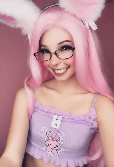 real, <lora:Belle_Delphine_for_PonyXL:1>, belle_delphine, 1girl, solo, pink hair, animal ears, glasses, long hair, looking at viewer, fake animal ears, rabbit ears, realistic, smile, teeth, upper body, camisole, midriff, cosplay,