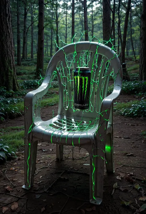 score_9, score_7_up, no humans:plastic chair:.5, plastic chair:wings:.5, <lora:EnergyVeins_XLPD:1> glowing veins:plastic chair:.5, glowing body, <lora:PlasticChair_XLPD:0.8> plastic chair:cracks:.5, veins on chair, green glowing veins, forest, monster energy can