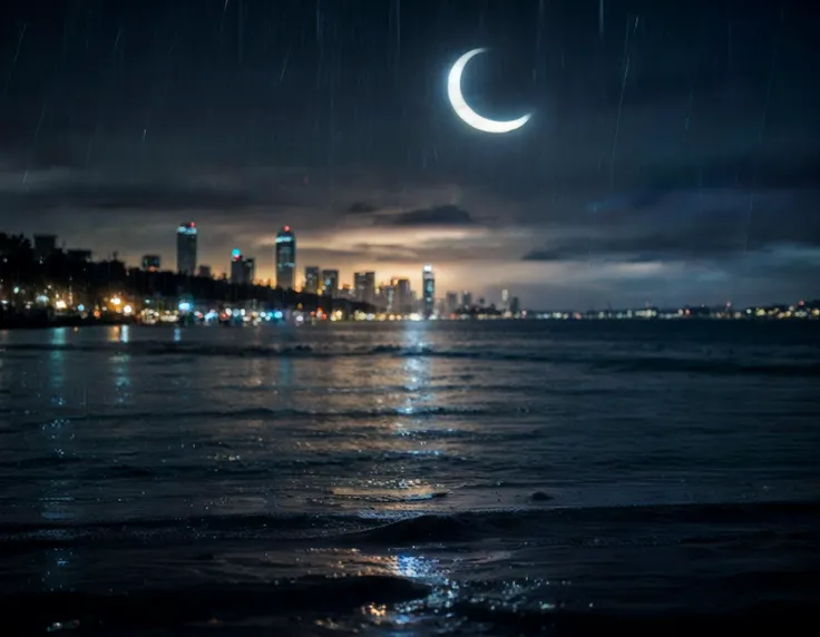 (real life, score_7_up, score_8_up, score_9_up, detailed beautiful urban city landscape, bloom, volumetric lighting, <lora:Blue_Scene:0.78> bluescene, rain, wet, night, silhouette, ocean, crescent moon, depth of field,