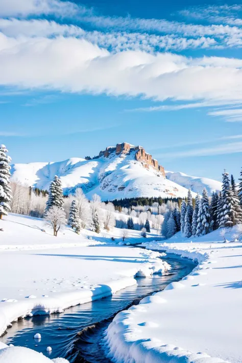 snow, tree, mountain, day, sky, winter, nature, pine tree, forest, blue sky, cloud, mountainous horizon, river<lora:nature:0.8>