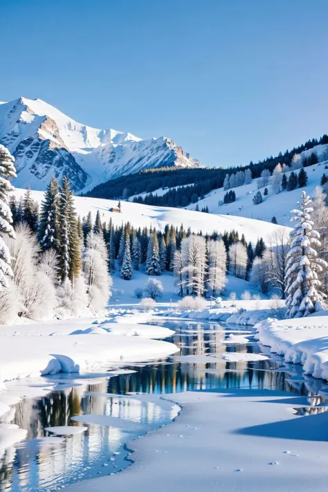 snow, tree, mountain, day, sky, winter, nature, pine tree, forest, blue sky, cloud, mountainous horizon, river<lora:nature:0.8>