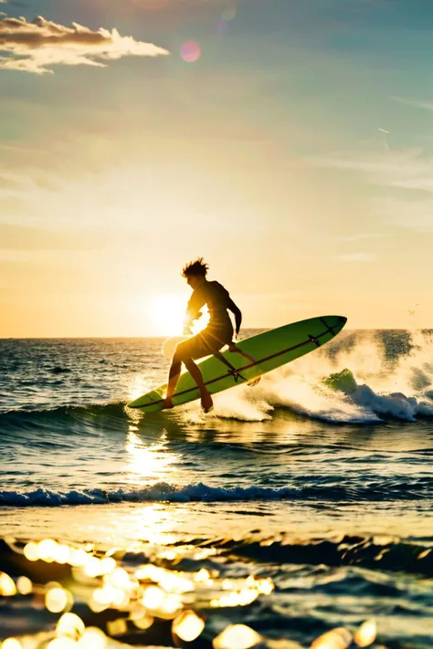solo, surfing, 1boy, sky, sun, cloud, ocean, lens flare, water, waves, silhouette, horizon
 <lora:nature:0.8>