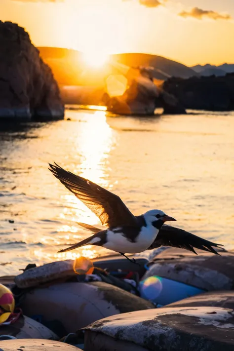 no humans,nature , outdoors, mountain, cloud, water, sky, sun, waves, bird, sunset, blurry, landscape, lens flare, rock <lora:nature-000008:1>