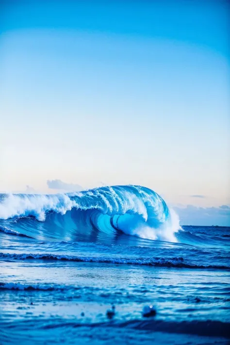 no humans, waves, ocean, cloud, scenery, blue theme, sky, water, outdoors, day, monochrome <lora:nature:0.8>