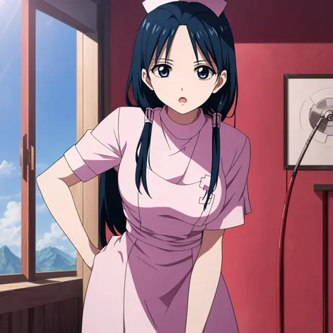 ((masterpiece)),((highres)),((best quality)),((highly detailed)),((extremely detailed CG unity 8k wallpaper)),illustration,Hakuei Ren,black hair,black eyes,medium breasts,;o,blue sky,(nurse:1.4),leaning forward,arm at side,window,blue sky,facing viewer,