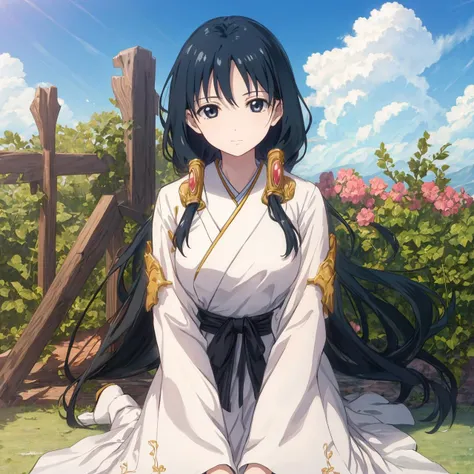 masterpiece,best quality,highly detailed, extremely detailed CG unity 8k wallpaper,illustration,Hakuei Ren,black hair,black eyes,medium breasts,facing viewer,looking at viewer,wariza,blue sky,white cloud