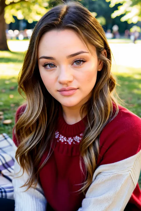 S426_HunterKing, long hair, smiling, modern photo, (wearing red edgPO pullover, edgPO), <lora:edgPullovers:1>, (wearing leggings), (cowboy shot), (35mm, F/2.8) Photo Focus, DOF, Aperture, insanely detailed and intricate, character, hypermaximalist, beautiful, revealing, appealing, attractive, amative, hyper realistic, super detailed, beautiful girl, ((detailed eyes)), long eyelashes, (glossy lips), sitting in the park, picnic, daytime, bright lighting
