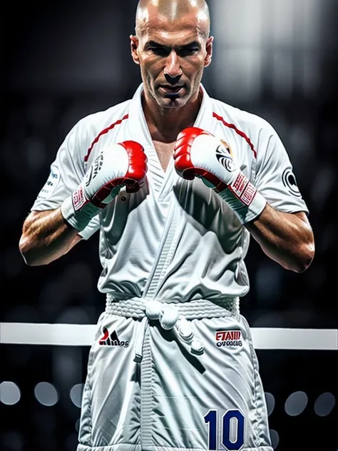 Zizou768, +++(boxing glove), bathrobe, photography, trending on artstation, sharp focus, studio photo, intricate details, highly detailed, by greg rutkowski <lora:Zizou768:0.6>