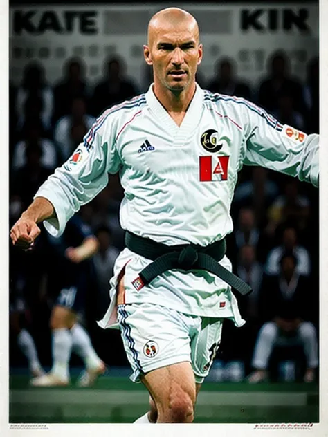 Zizou768, ((karate highkick)), kimono, black belt, soccer field, photography, trending on artstation, sharp focus, studio photo, intricate details, highly detailed, by greg rutkowski <lora:Zizou768:0.6>