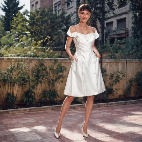 A fashionable woman is standing outdoors, wearing a fitted white dress that accentuates her figure and a golden watch. Her hair is styled in a sleek, shoulder-length bob. She is posing in front of a white wall adorned with lush green vines and blooming white flowers. The setting appears to be a garden or a patio with a relaxed, elegant ambiance. The background also includes a white sofa with cushions, adding to the serene atmosphere. The lighting is soft, giving the scene a warm and inviting feel.