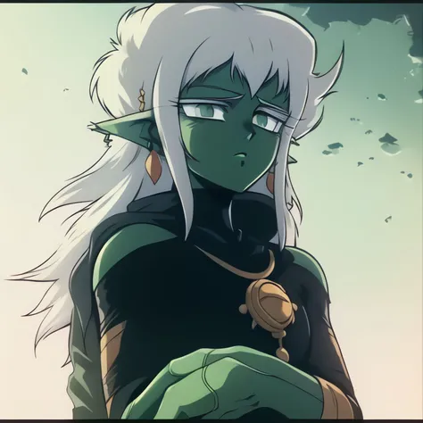  intricate details, best quality, 8k uhd, soft lighting, 1boy, solo, Zamasu, colored skin, green skin, mohawk, white hair, grey eyes, single earring, dougi, pointy ears