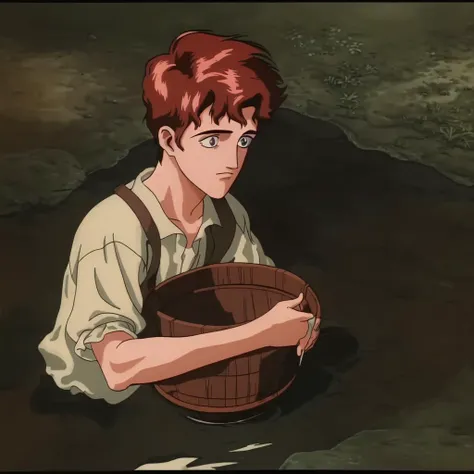 1800's boy with light reddish hair on edge of creek gathering water in a wooden bucket