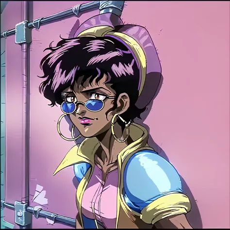 jubilee,short black hair,brown eyes ,lips ,lipstick,dark skin,solo, standing, upper body, close up, jubJak, denim shorts , open yellow jacket, purple shades on head, hoop earrings ,((blue gloves)), pink shirt, blue boots, streets, chain fence, wall with graffiti, retro, (insanely detailed, beautiful detailed face, masterpiece, beautiful detailed eyes, best quality)