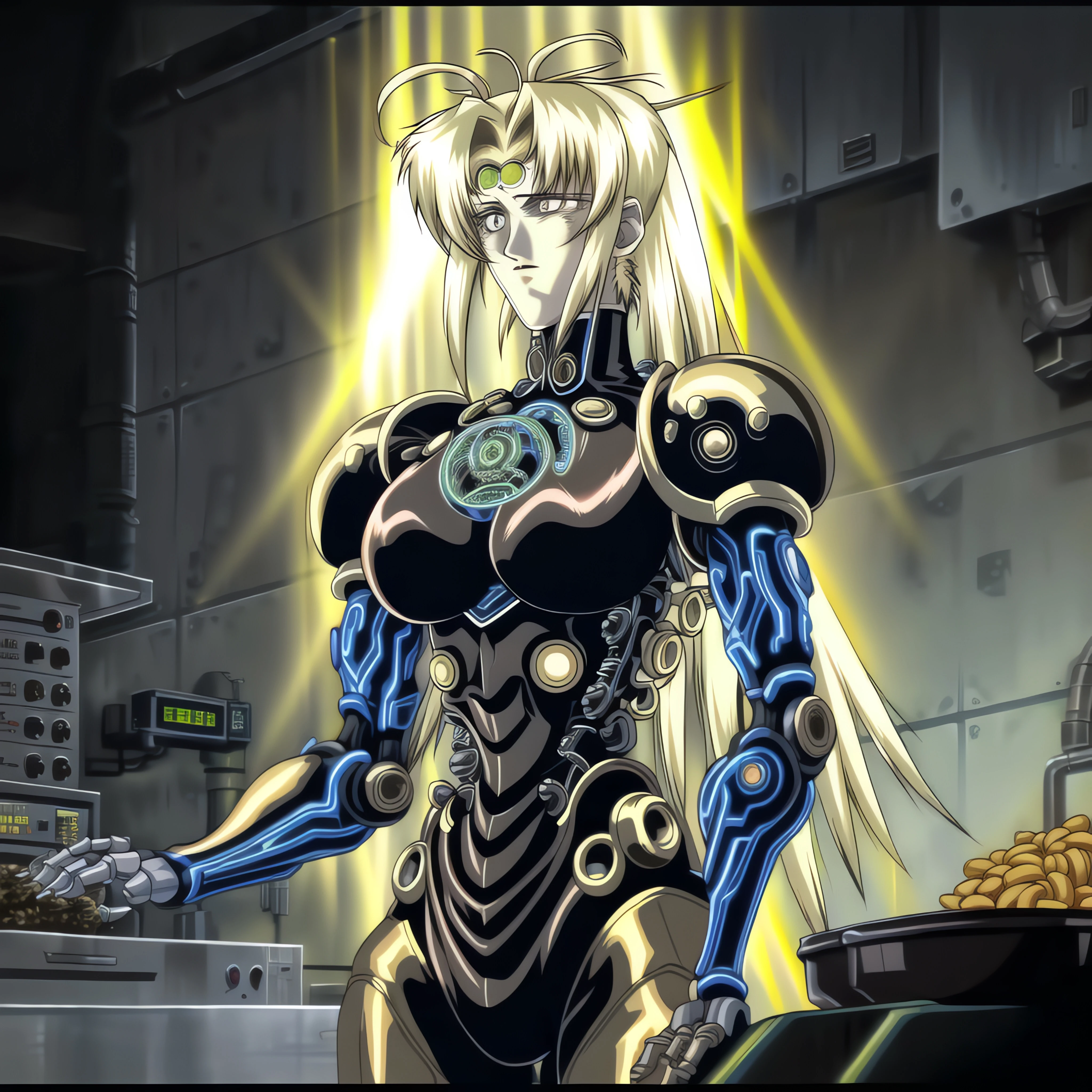 biomechanical cyberpunk woman, (realistic:1.2), a woman wearing (clothes (top, pants)), (Cooking or preparing meals), (blonde hair), light rays, god rays, blonde hair, . cybernetics, human-machine fusion, dystopian, organic meets artificial, dark, intricate, highly detailed